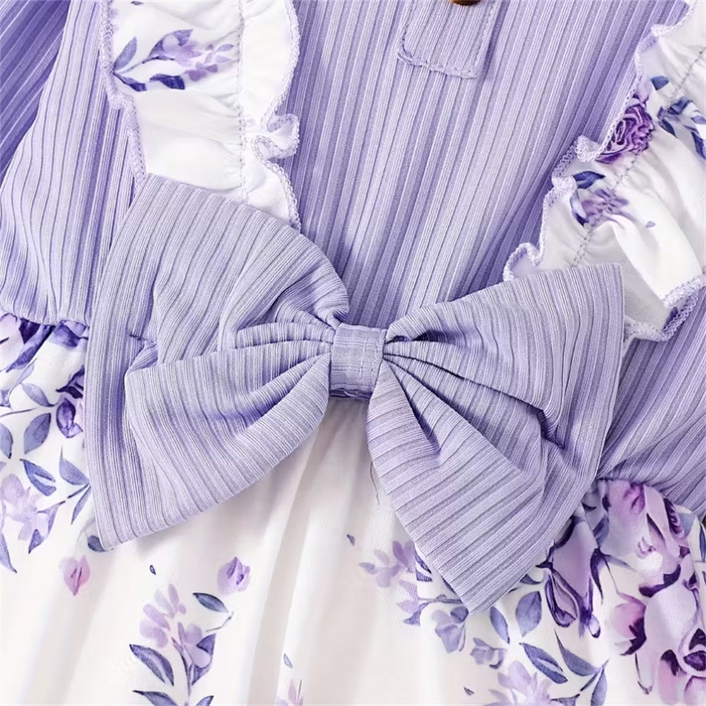 2PCS Purple Floral Print Bowknot Long Sleeve Baby Jumpsuit