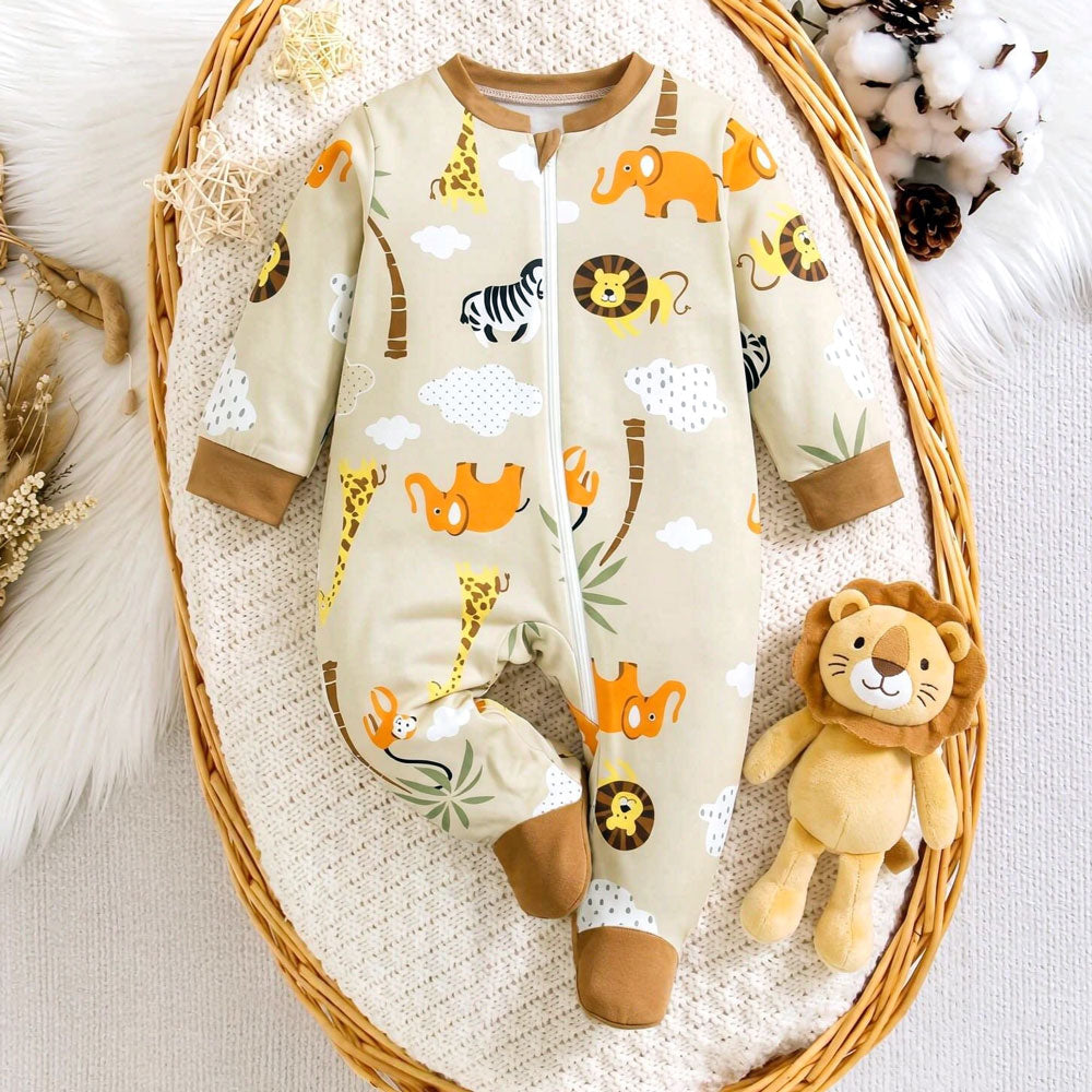 Cute Animal Print Long Sleeve Zipper Baby Boy Jumpsuit