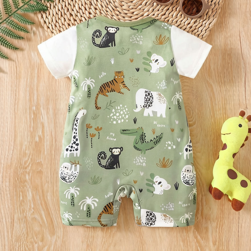 Cozy Fake Two-Piece Animal Print Short Sleeve Baby Jumpsuit