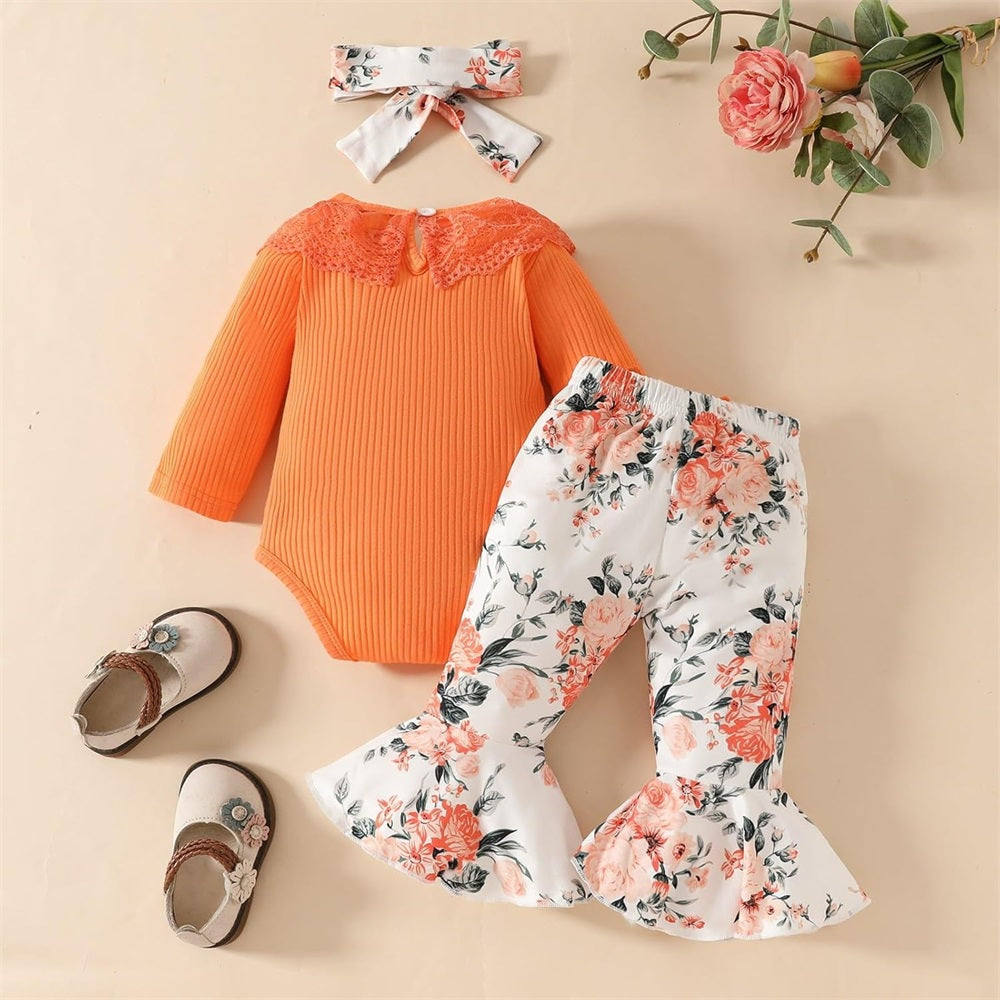 3PCS Floral Print Lace Collar Long Sleeve Baby Girl Set