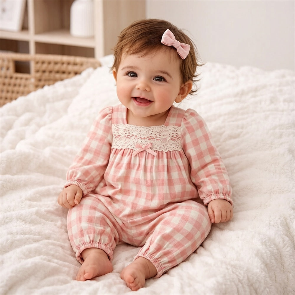 Gorgeous Plaid Print Lace Long Sleeve Baby Jumpsuit