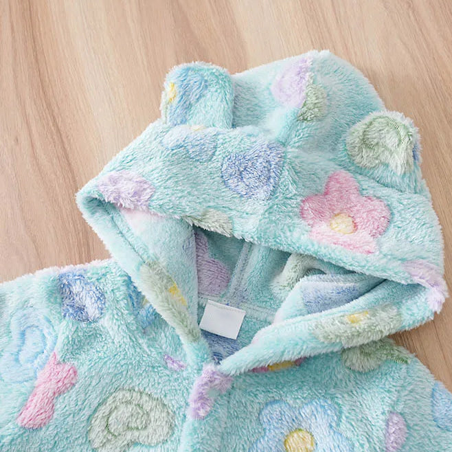 Cute Floral Print Plush Long Sleeve Hooded Baby Jumpsuit