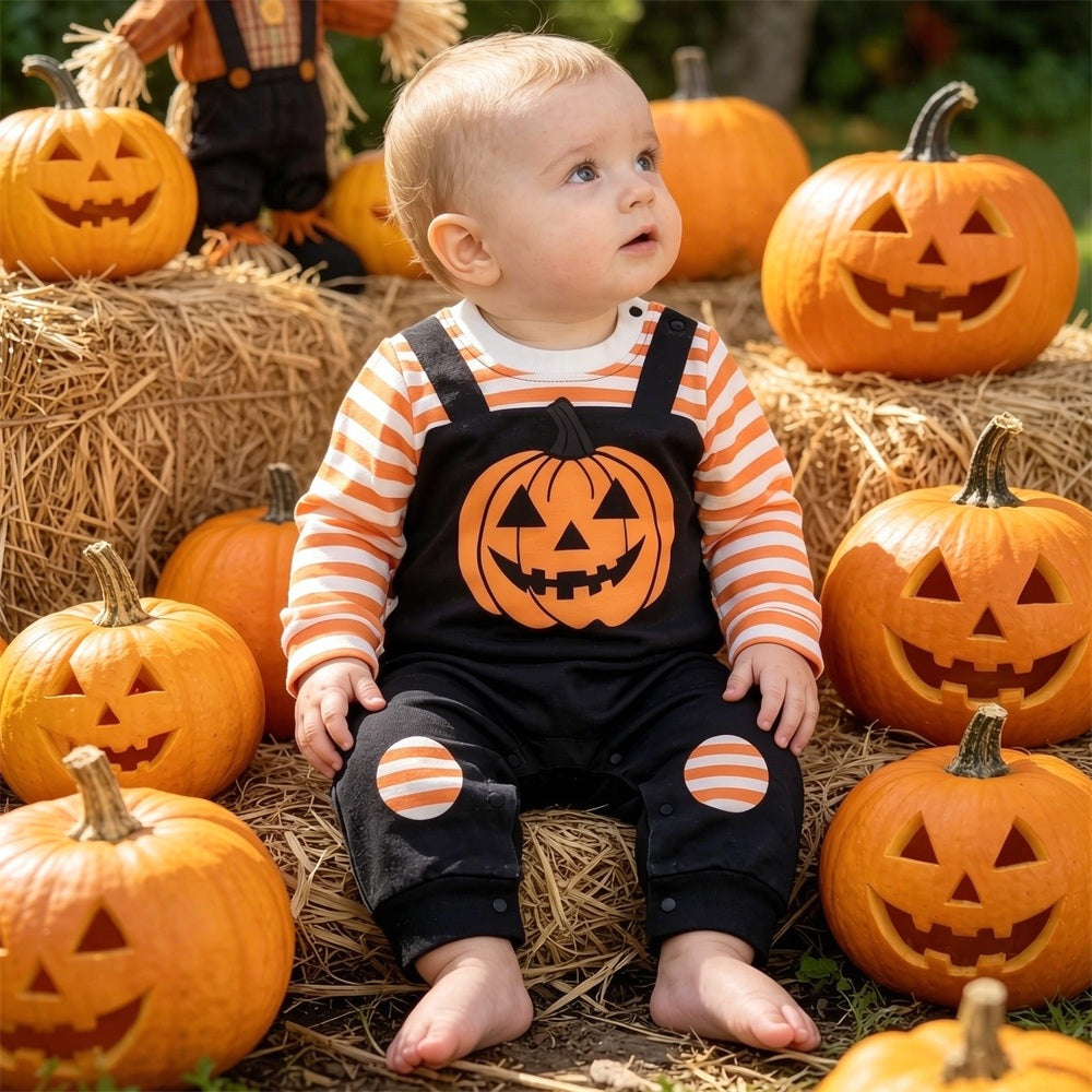 Adorable Halloween Pumpkin Stripe Print Long Sleeve Baby Jumpsuit