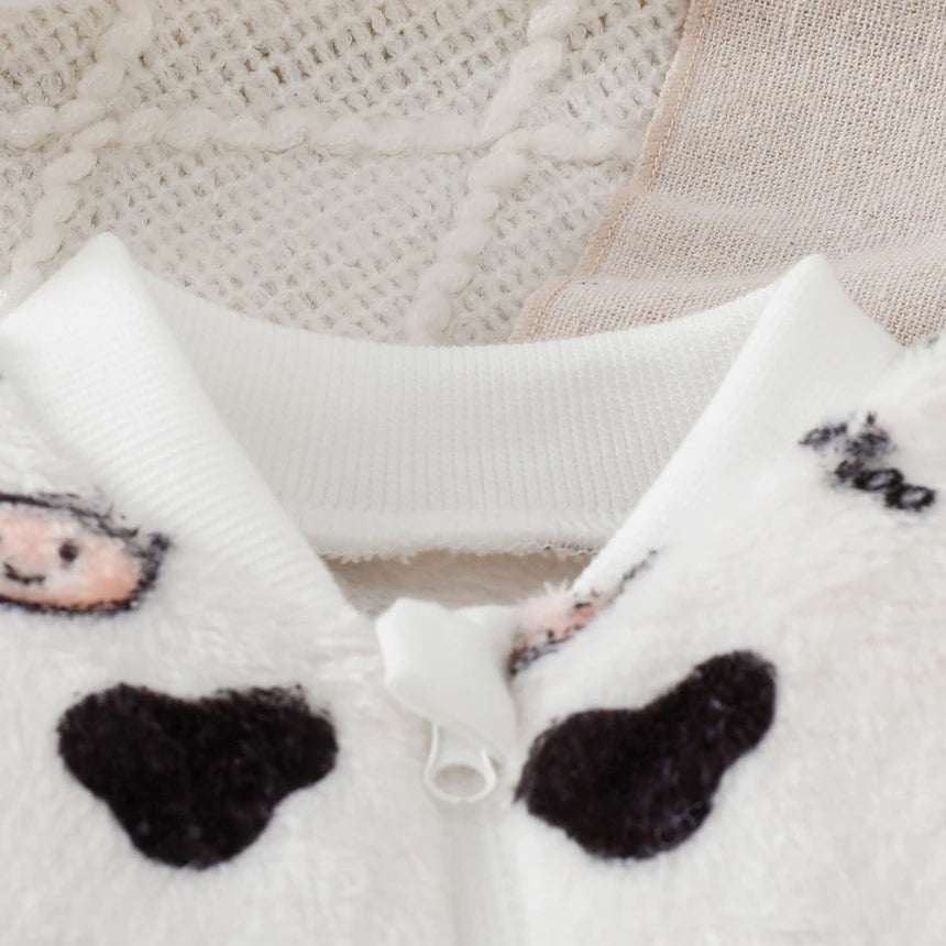 Lovely Cow Milk Bottle Print Long Sleeve Zipper Baby Fleece Jumpsuit