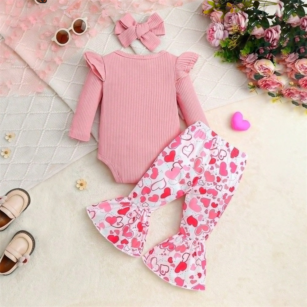 3PCS My First Valentine's Day Letter Embroidery Heart Print Baby Set