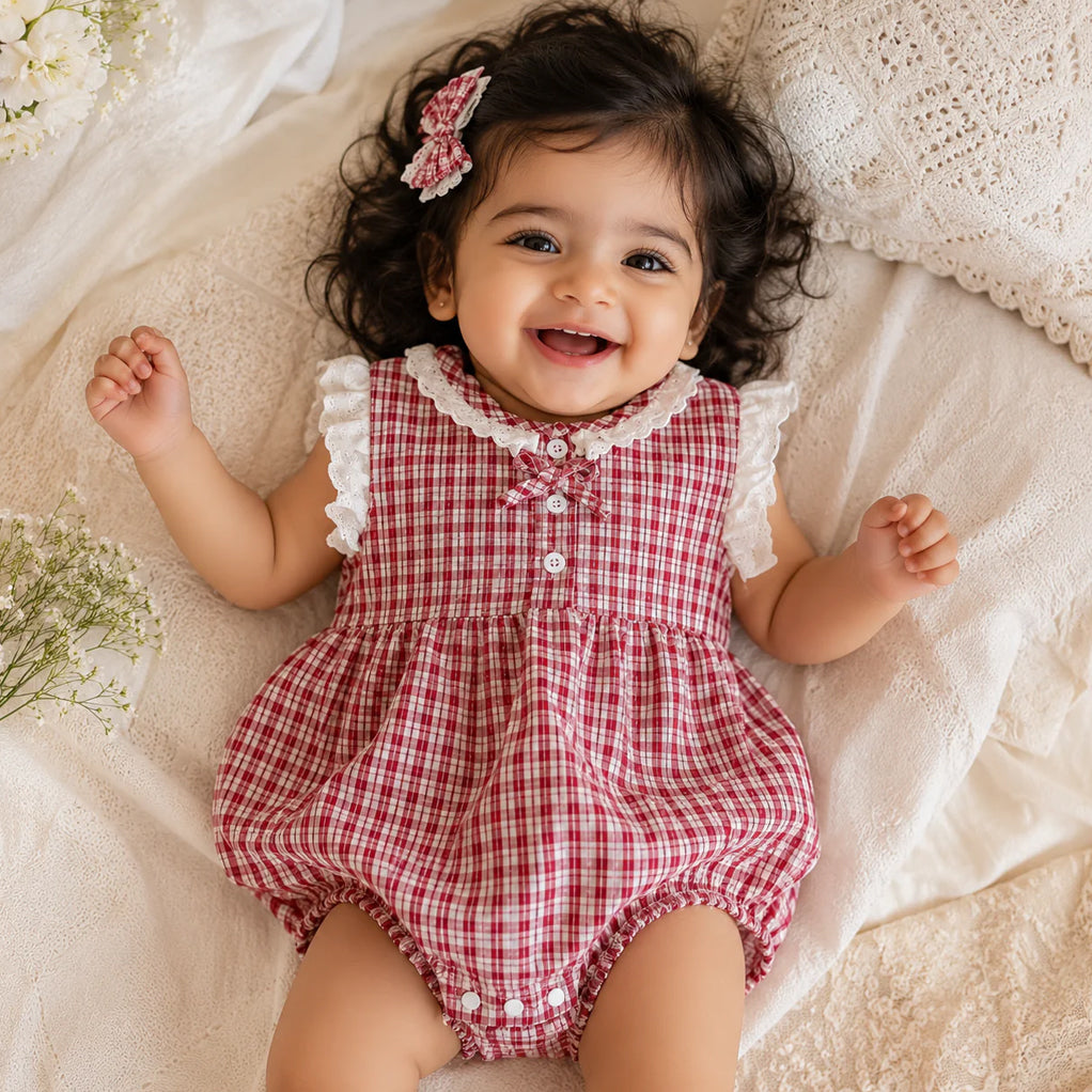 Vintage-style Gingham Print Flutter Sleeve Baby Romper