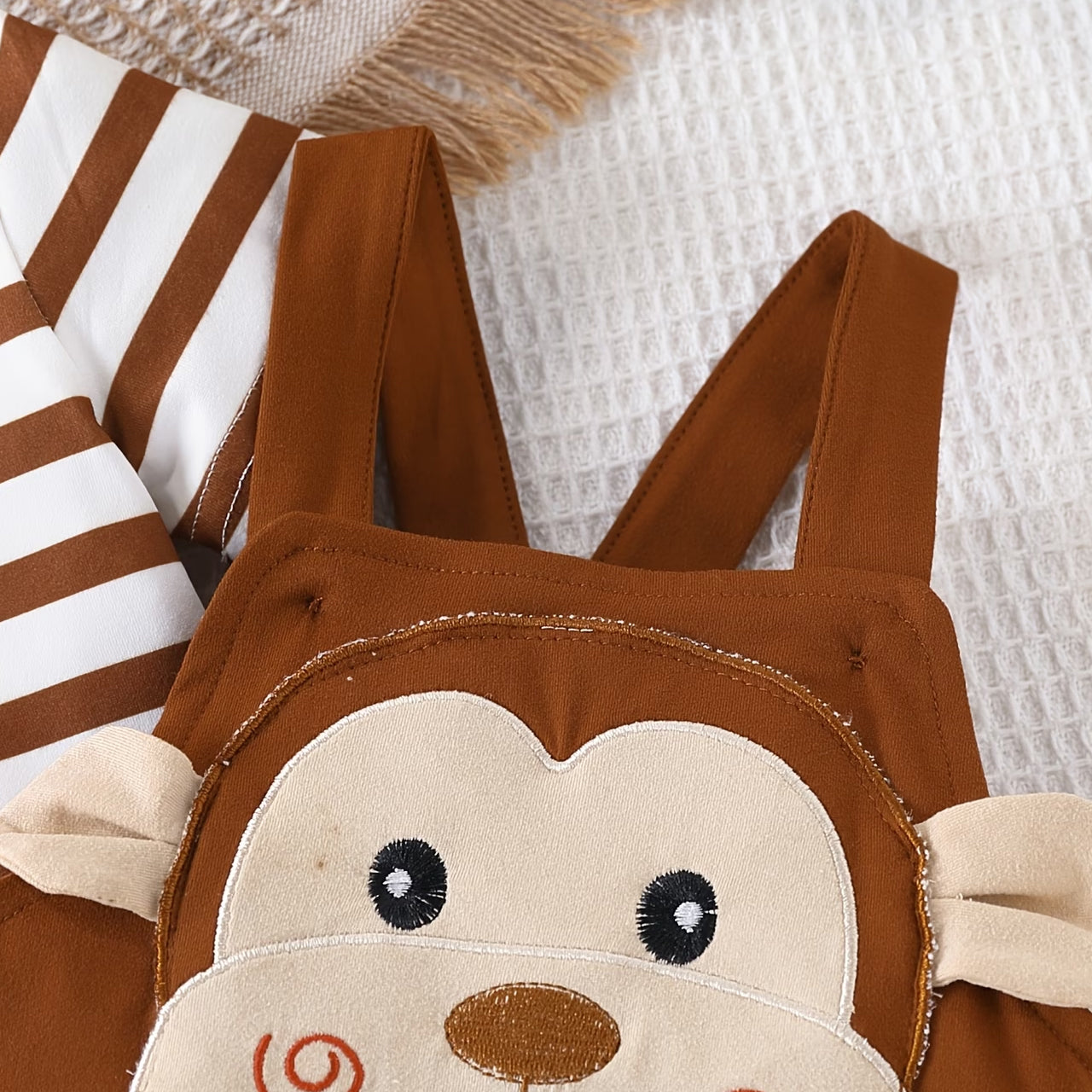 2PCS Monkey and Stripe Print Short Sleeve Baby Overalls Set