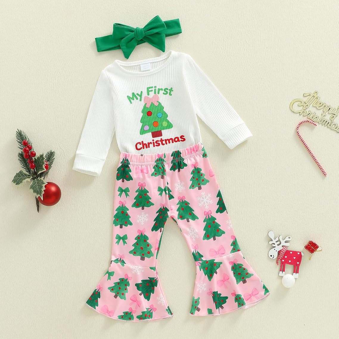 3PCS Sweet My First Christmas Letter Tree Printed Baby Set