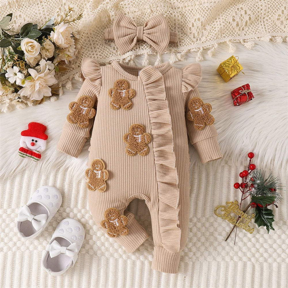2PCS Lovely Christmas Gingerbread Applique Zipper Baby Jumpsuit
