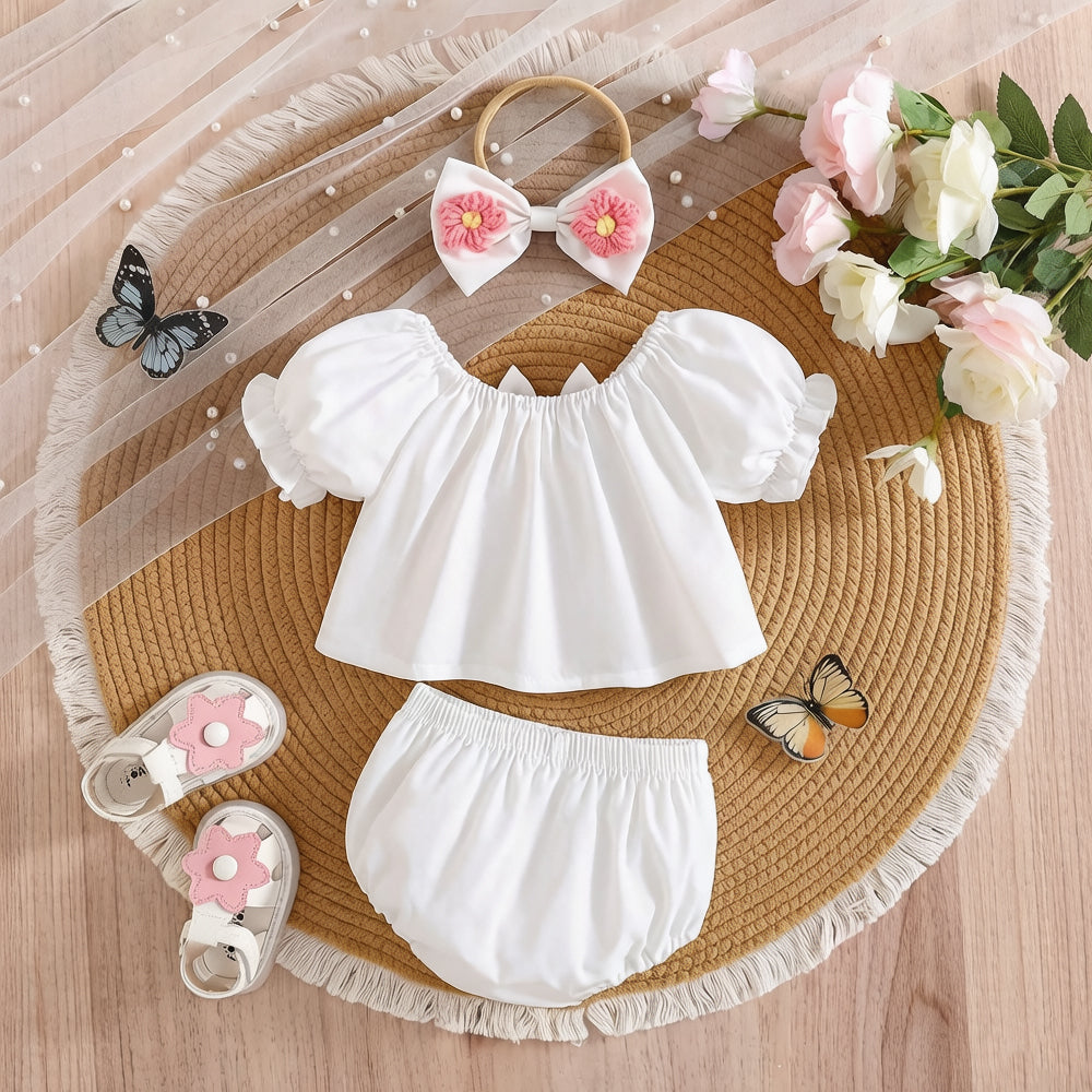 3PCS Lovely Floral Appliqué Short Sleeve Baby Set