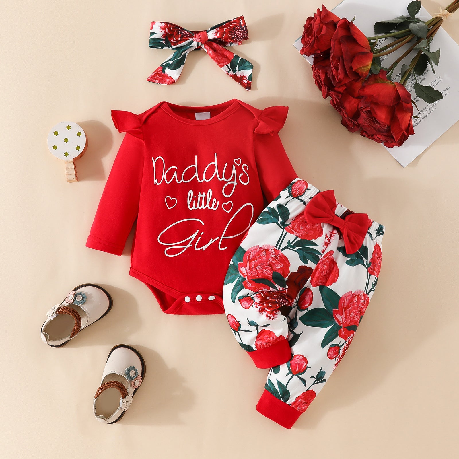 3PCS Pretty Daddy's Little Girl Letter Floral Print Baby Set