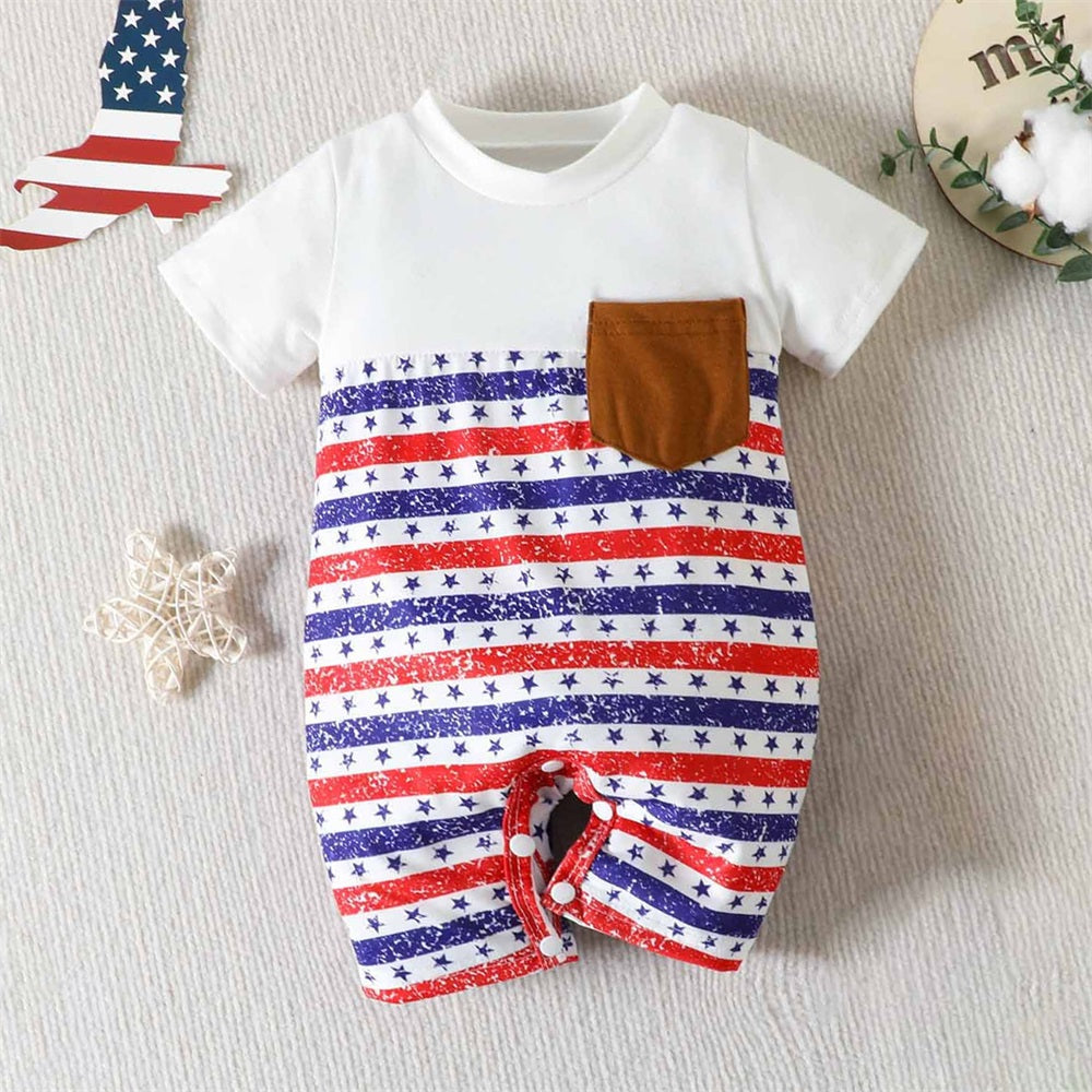 Independence Day Stripe Printed Short Sleeve Baby Jumpsuit
