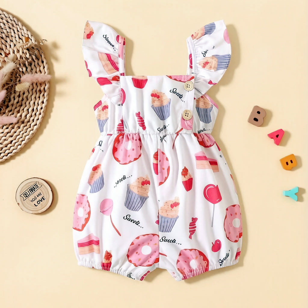 Sweet Letter Cake & Donut Printed Flounce Sleeve Baby Jumpsuit