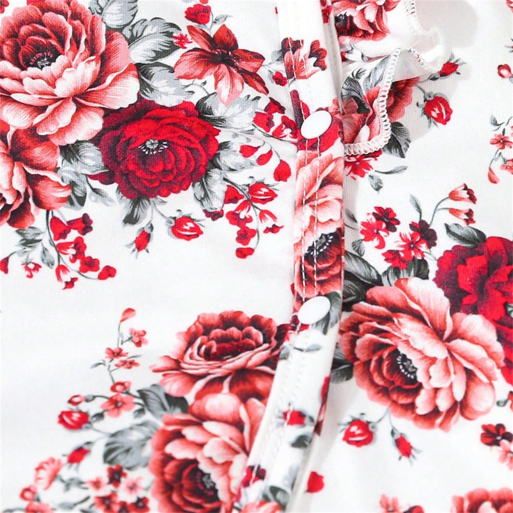 2PCS Allover Floral Print Long Sleeve Baby Jumpsuit