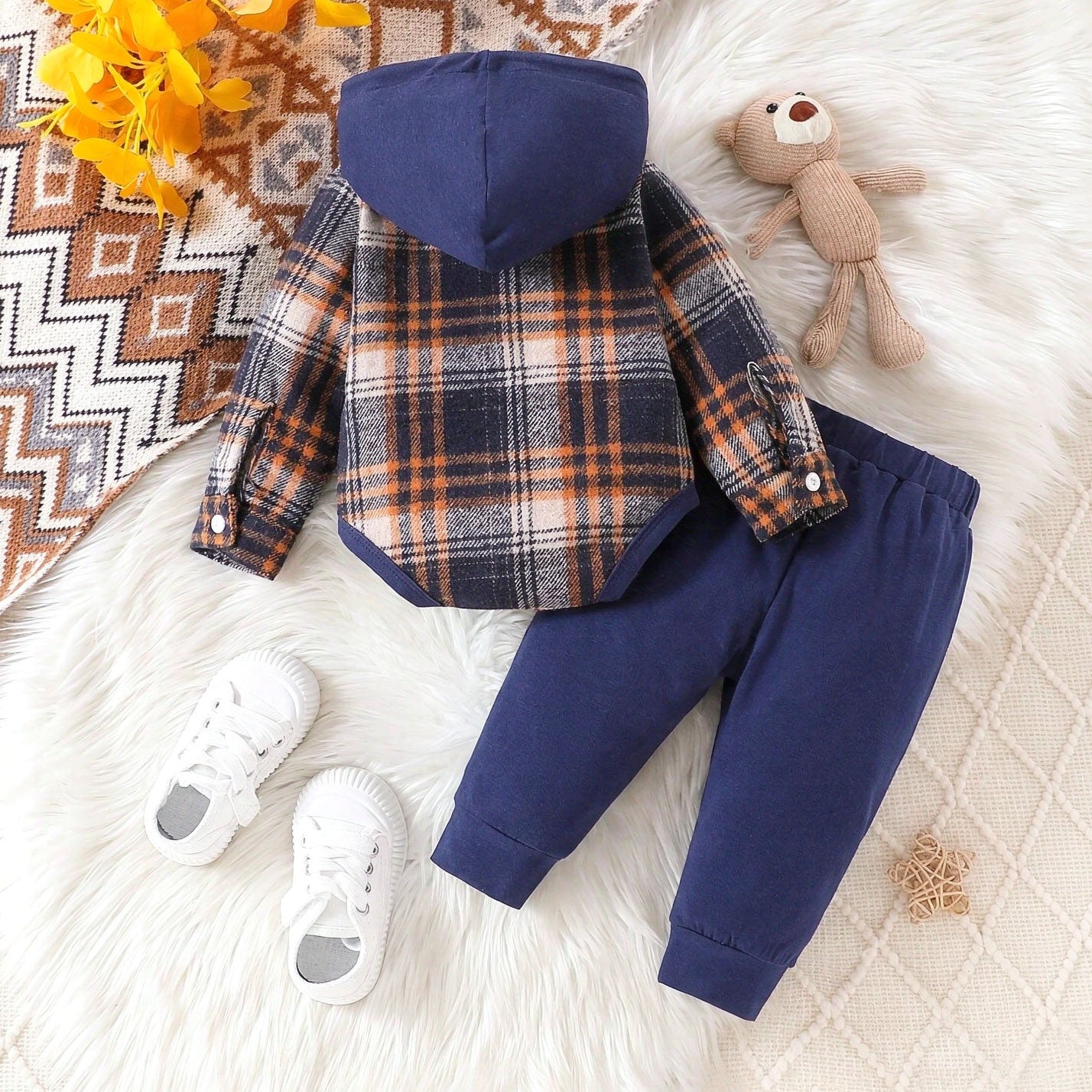 2PCS Comfy Plaid Printed Long Sleeve Hoodie Baby Set