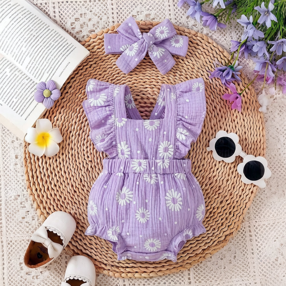 2PCS Grace Daisy Print Flounce Sleeve Baby Romper