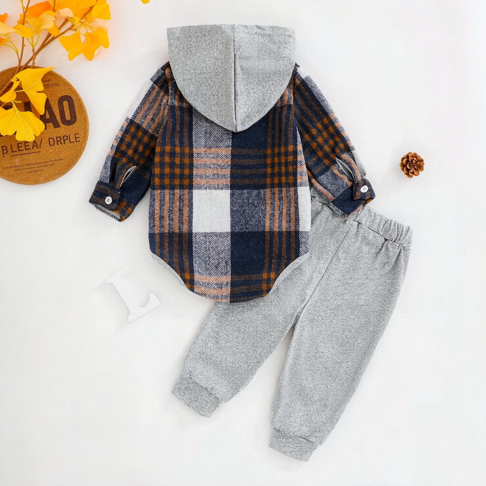 2PCS Cozy Plaid Print Long Sleeve Hoodie Baby Boy Set