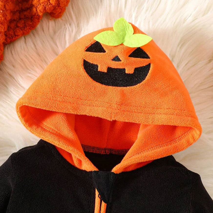 Halloween Pumpkin Embroidery Long Sleeve Fuzzy Hoodie Baby Jumpsuit