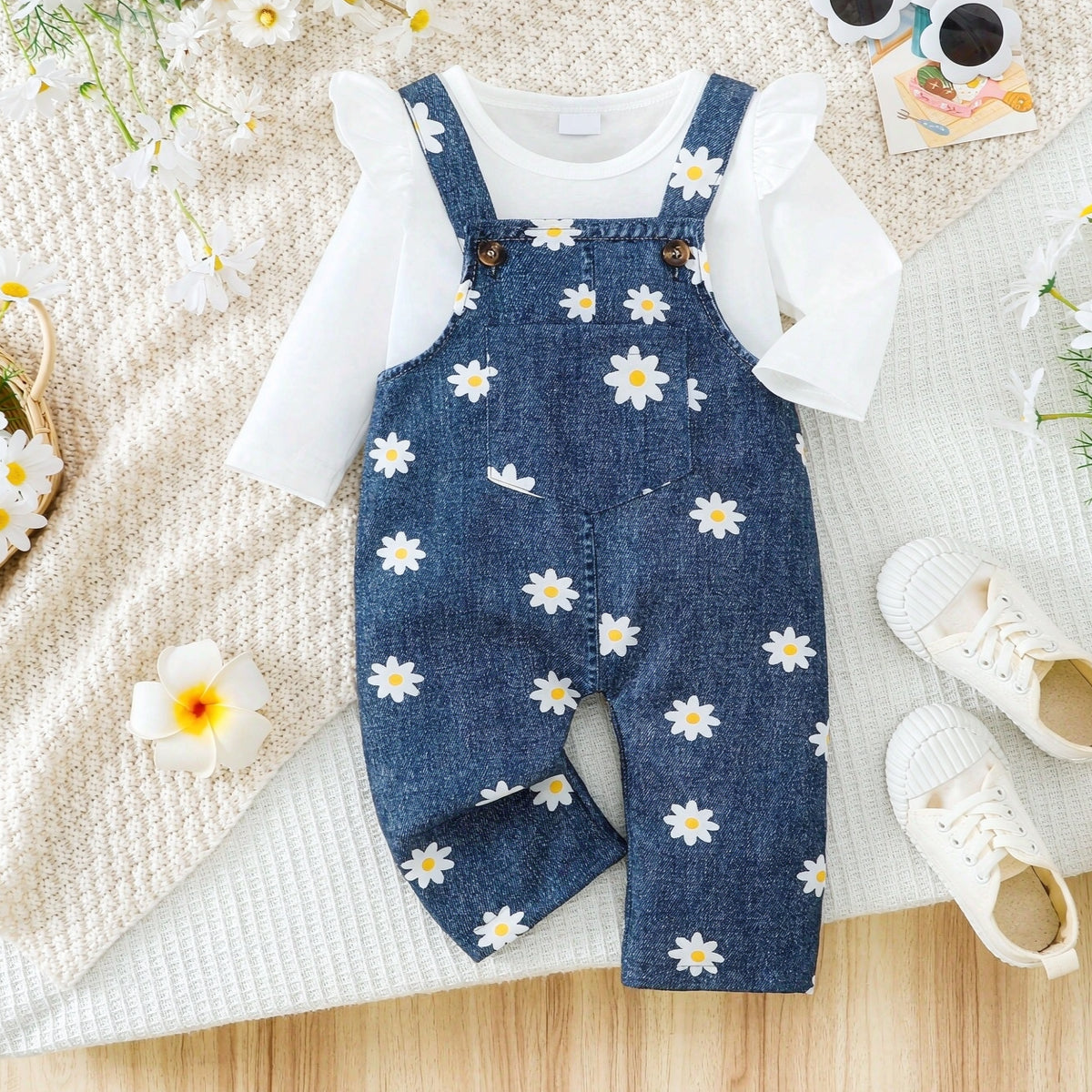 2PCS Cheerful Daisy Print Long Sleeve Baby Girl Denim Set
