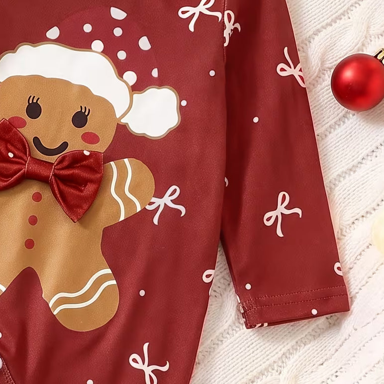 Lovely Gingerbread Man Bow Print Long Sleeve Baby Christmas Jumpsuit