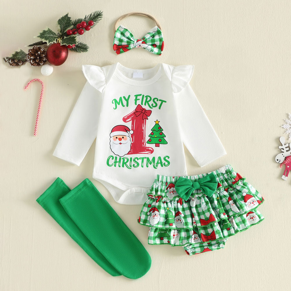 4PCS My First Christmas Letter Plaid Santa Claus Print Baby Set