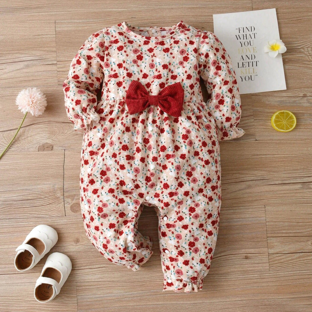 Elegant Baby Girl Floral Printed Bow Long Sleeve Jumpsuit
