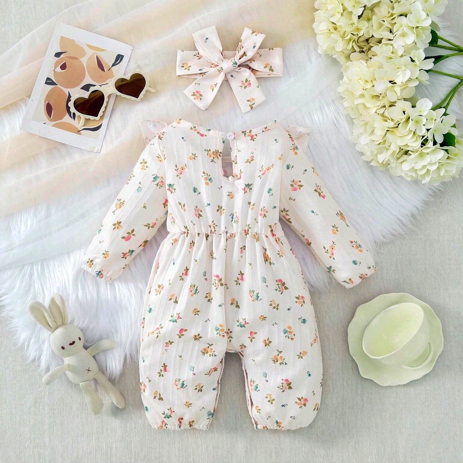 2PCS Sweet Ditsy Floral Printed Ruffle Long Sleeve Baby Jumpsuit