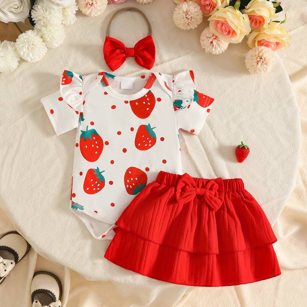 3PCS Vibrant Strawberry Print Short Sleeve Baby Girl Set
