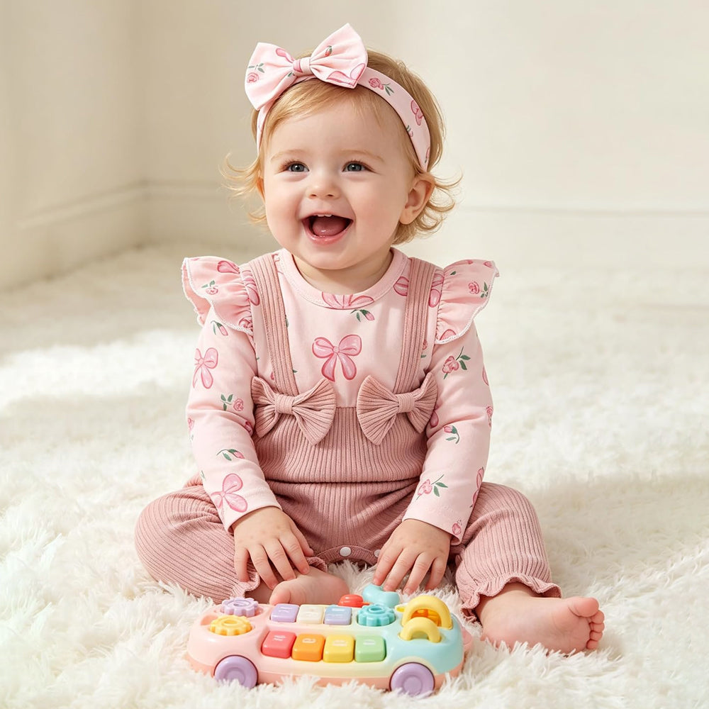 2PCS Pretty Floral Bow Print Ruffle Long Sleeve Baby Jumpsuit