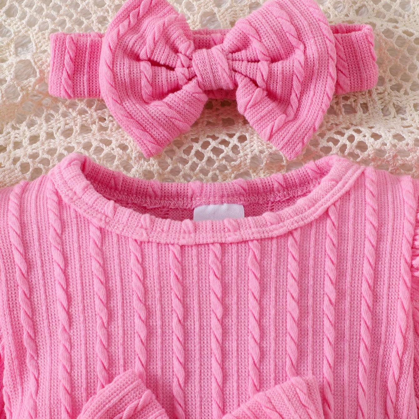 3PCS Solid Color Bow Long Sleeve Baby Girl Romper