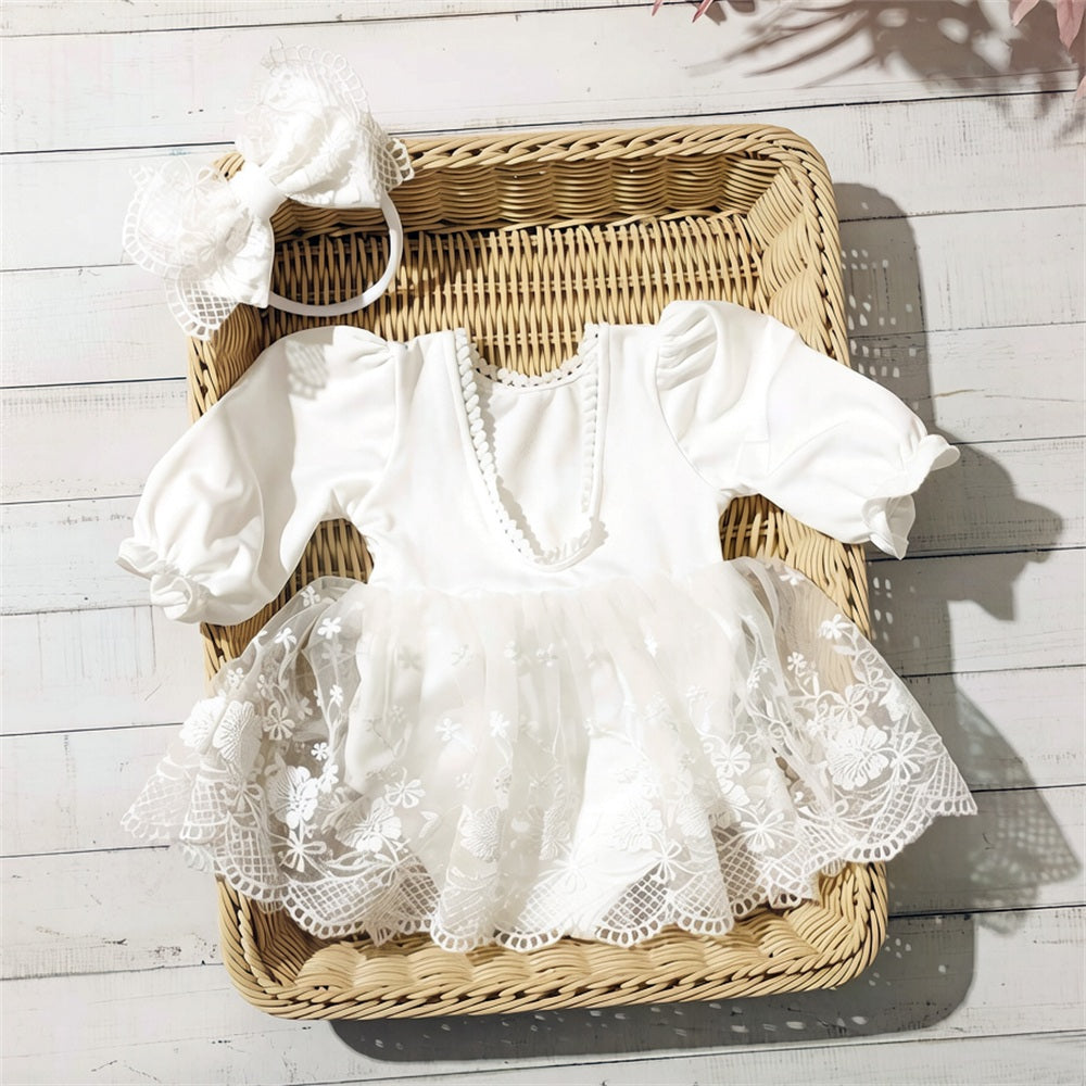2PCS Gorgeous Solid Color Long Sleeve Floral Embroidery Baby Romper