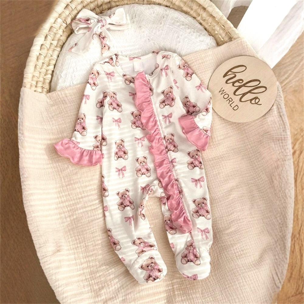 2PCS Cute Bear Printed Long Sleeve Frill Trim Zip Baby Jumpsuit