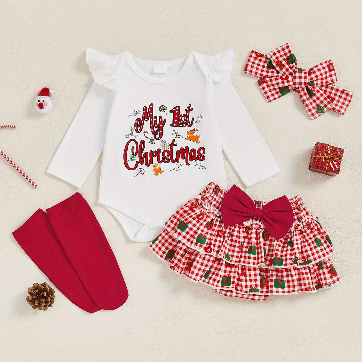 4PCS My 1st Christmas Letter Gift Plaid Print Baby Set