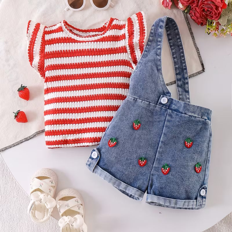 2PCS Lovely Strawberry Appliqued Striped Flutter Sleeve Baby Overalls Set