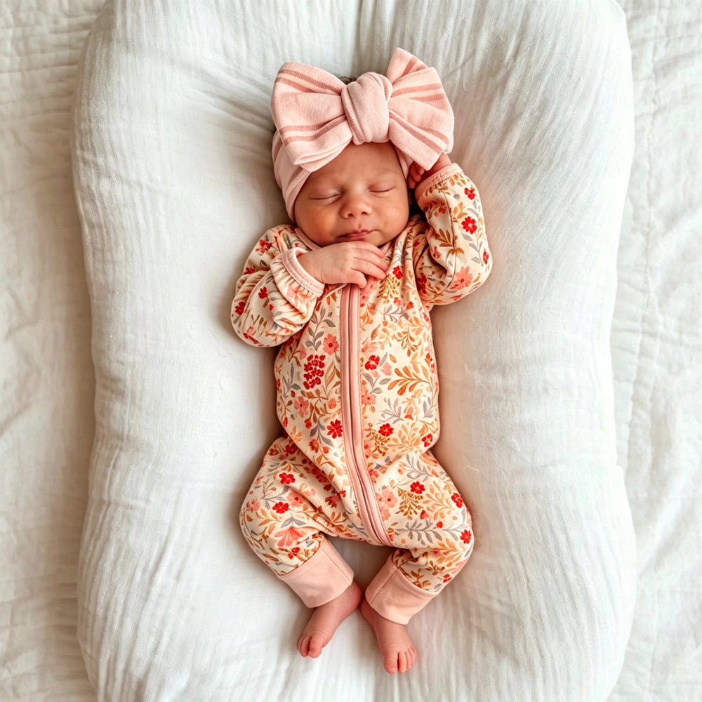 Delightful Floral Printed Ruffle Zipper Long Sleeve Baby Jumpsuit