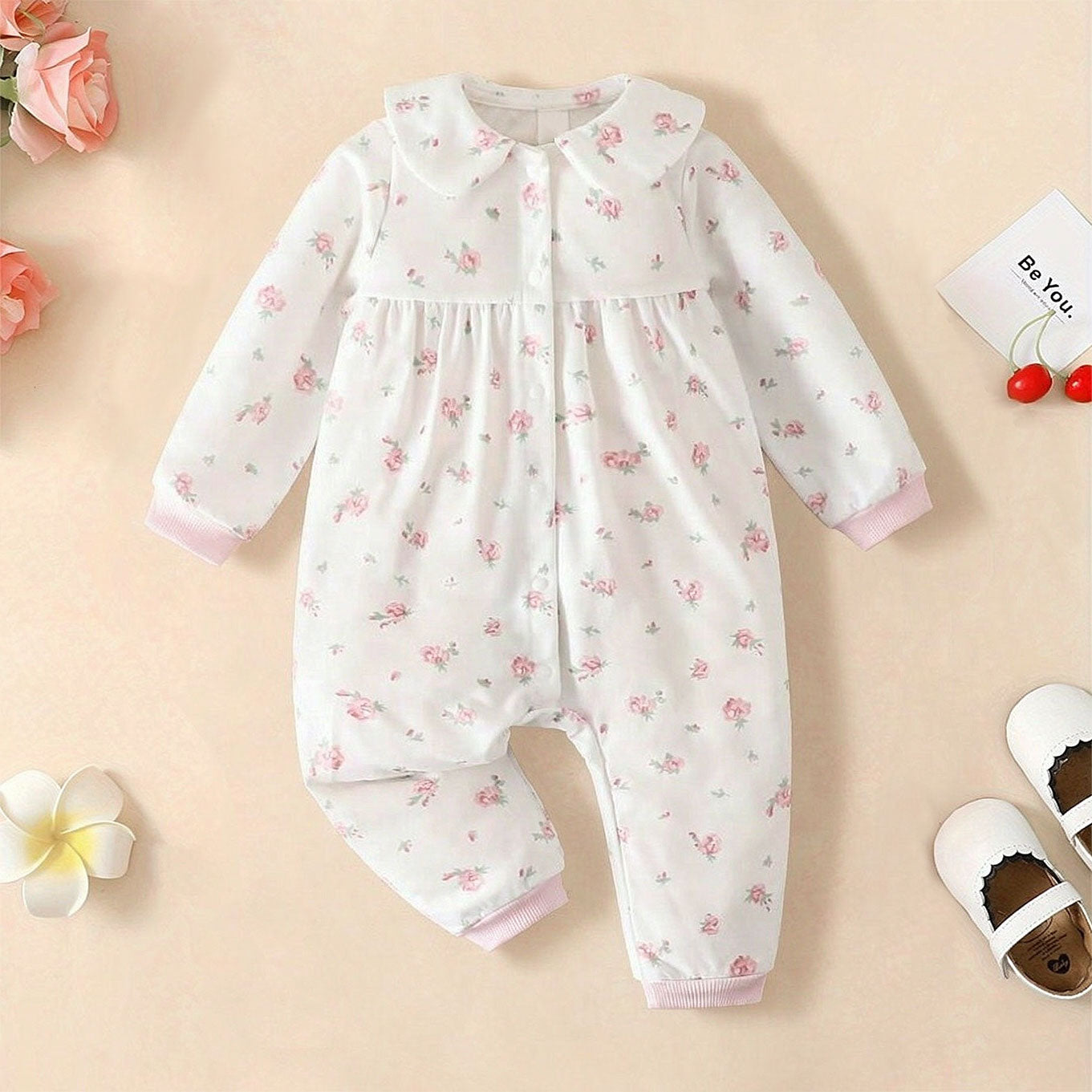 Delightful Floral Printed Long Sleeve Baby Girl Jumpsuit