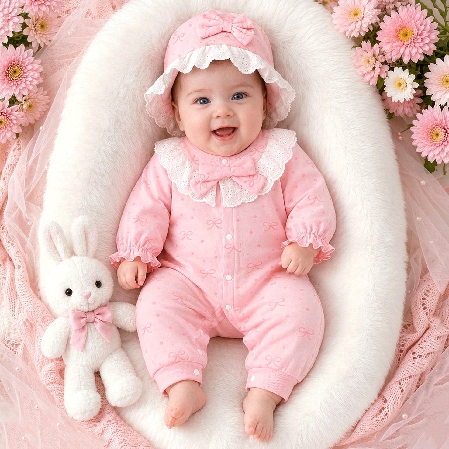2PCS Grace Bow Print Long Sleeve Baby Girl Jumpsuit