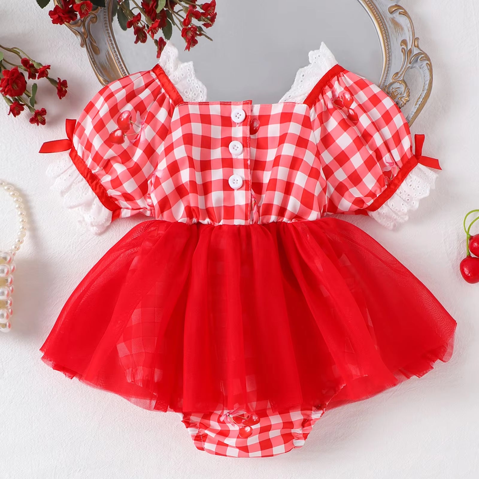 Trendy Plaid Print Tulle Short Sleeve Baby Girl Romper