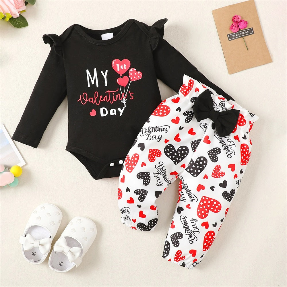 2PCS My 1st Valentine's Day Letter Heart Print Long Sleeve Baby Set