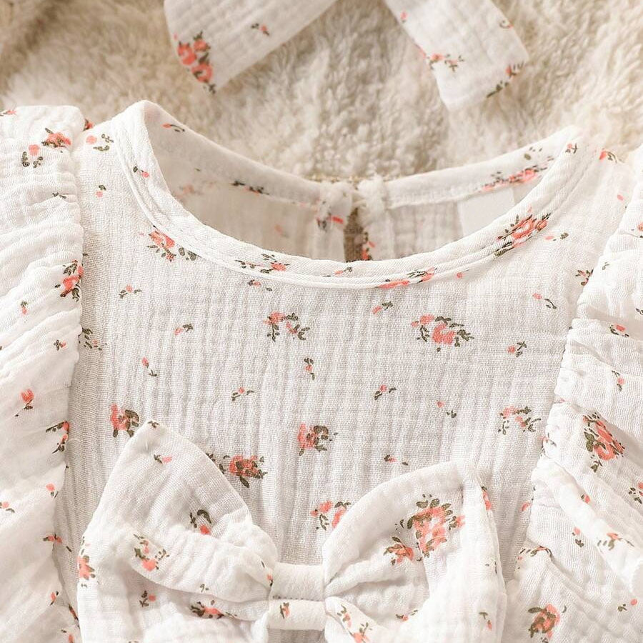 3PCS Floral Printed Bow Long Sleeve Baby Girl Romper