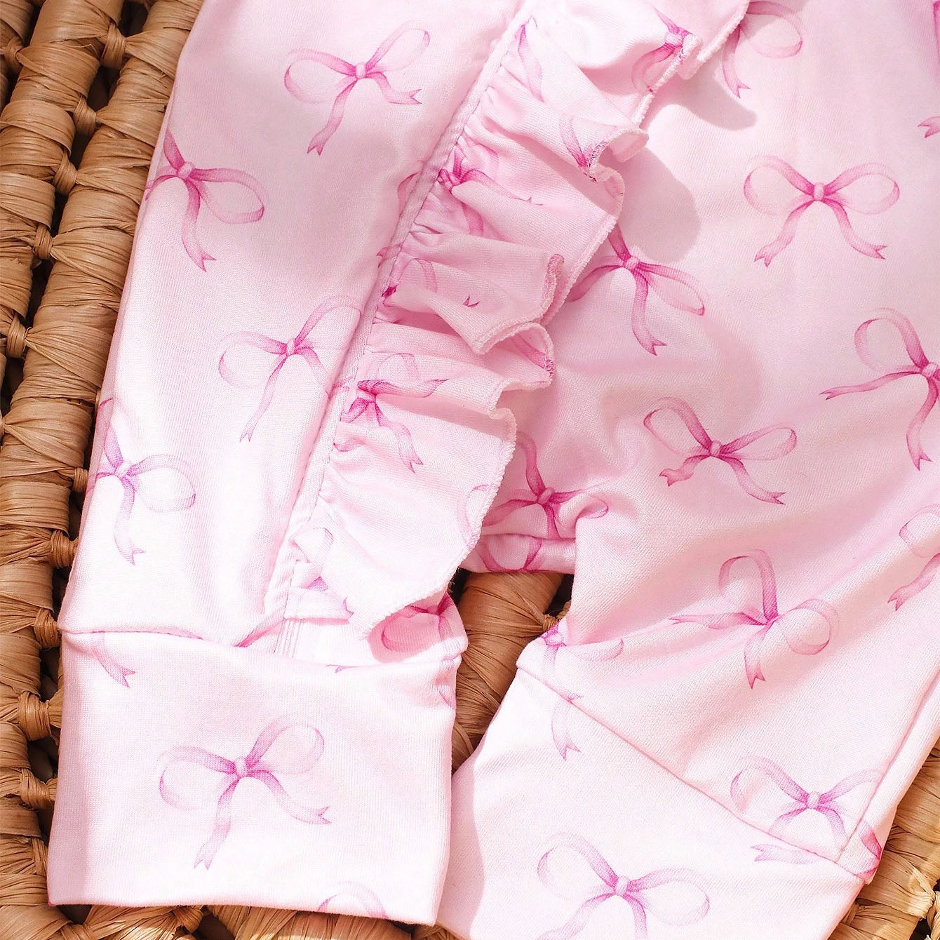 2PCS Sweet Bow Print Ruffle Long Sleeve Baby Jumpsuit