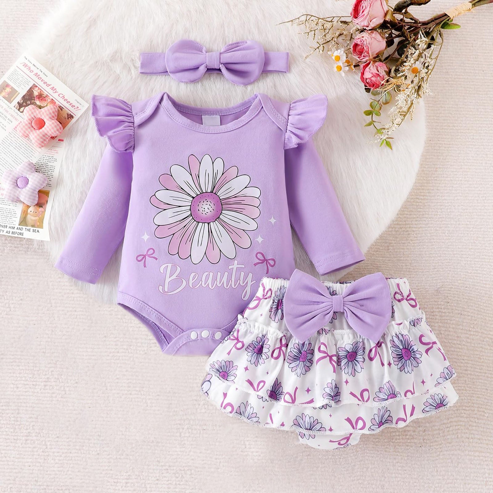 3PCS Beauty Letter Daisy Printed Baby Set