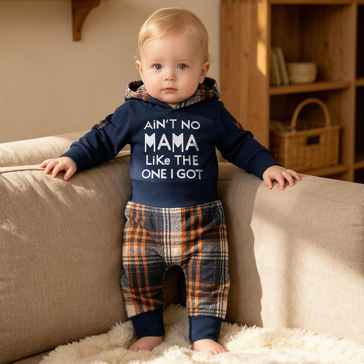 2PCS Cozy Ain't No Mama Letter Plaid Print Hoodie Long Sleeve Baby Set
