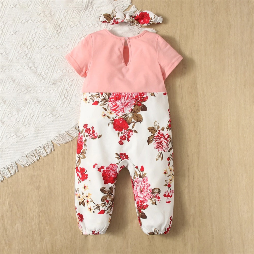 2PCS Floral Printed Bow Decoration Short Sleeve Baby Jumpsuit