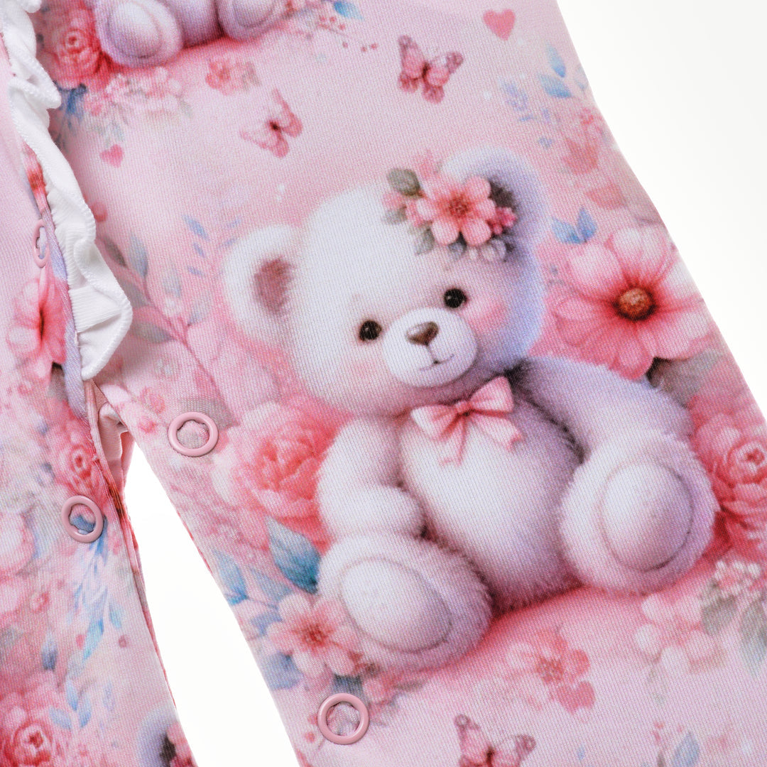 2PCS Lovely Teddy Bear Floral Print Long Sleeve Baby Jumpsuit