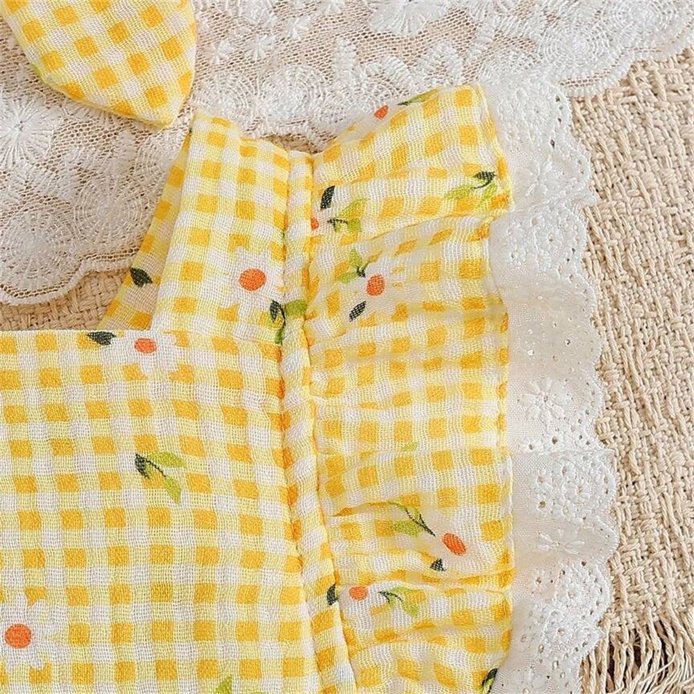2PCS Cute Floral Printed Plaid Flounce Sleeve Baby Romper
