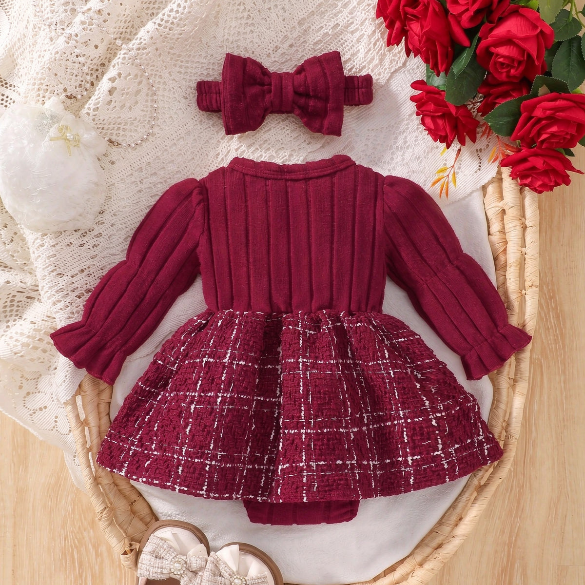 2PCS Small Fragrance Style Plaid Print Long Sleeve Baby Romper
