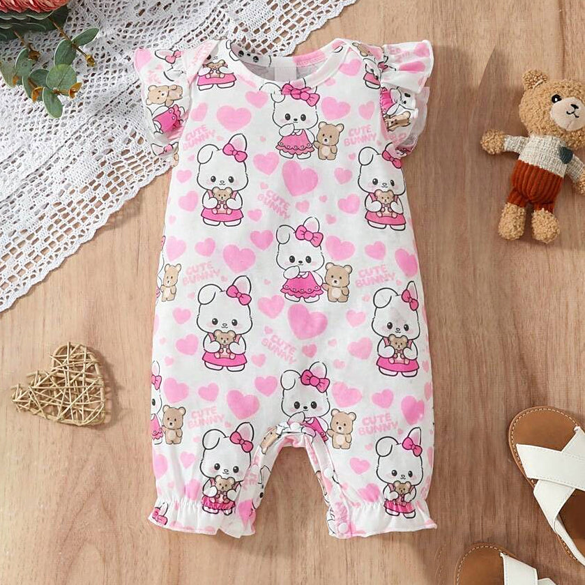 Lovely Bunny Bear Heart Print Sleeveless Baby Jumpsuit