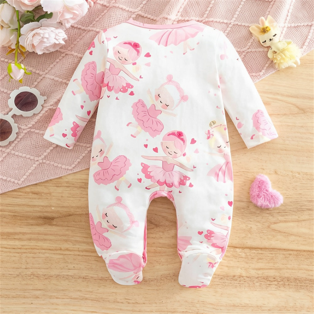 Lovely Ballet Girl Print Long Sleeve Baby Jumpsuit