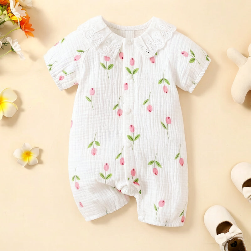 Classic Floral Print Eyelet Lace Short Sleeve Baby Jumpsuit